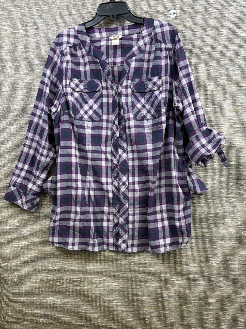 Duluth Trading Co Flannel Shirt Womens 1X Purple Plaid Long Sleeve Style 74763